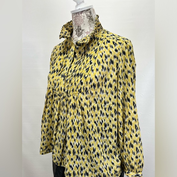 JOIE Yellow and black abstract print ruffle‎ collar top size XS. - Picture 3 of 12